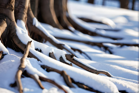 Tree branches covered with snow in winter forest. Close-up.の素材