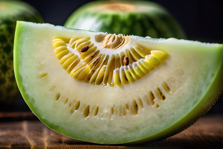 Fresh melon on wooden table. Selective focus. Shallow depth of field.の素材