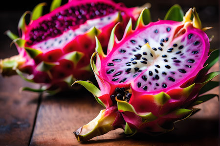 Dragon fruit on wooden background. Close up of pitahaya.の素材