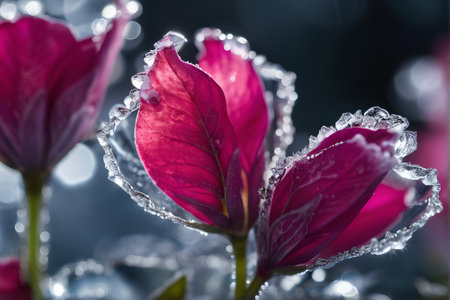 Beautiful pink flower with ice crystals on dark background, close upの素材