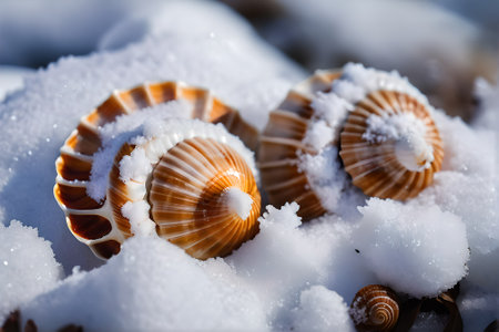 Close up of seashells in the snow. Shallow depth of fieldの素材