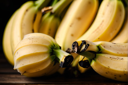 Bunch of bananas on a wooden background. Selective focus.の素材
