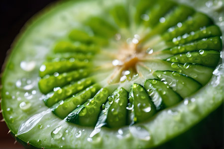 Cucumber slices with water drops on a wooden background. Macroの素材