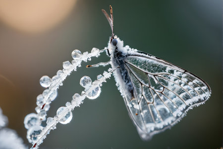 Butterfly on a blade of grass covered with hoarfrostの素材