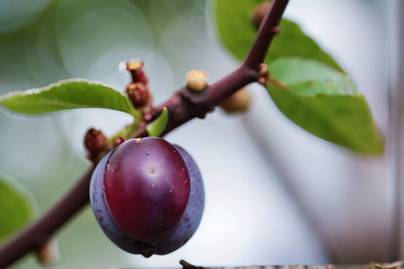 Ripe black plums on a branch in the garden close-upの素材