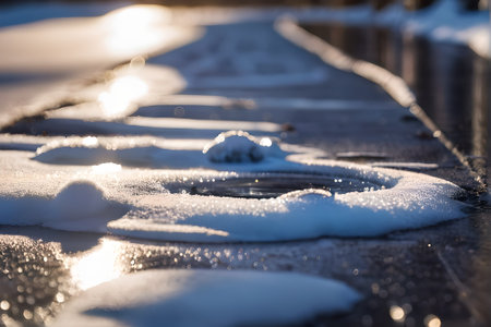 The sun shines through the ice on the road in the winter.の素材