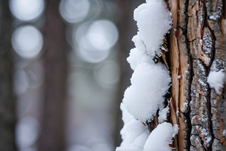 snow on the tree in the forest, closeup of photoの素材