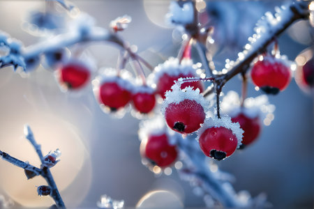 Frozen red berries on the branches of a bush in the winter forestの素材