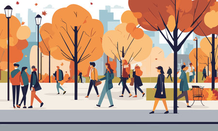 People walking in the autumn park. Vector illustration in flat style.のイラスト素材