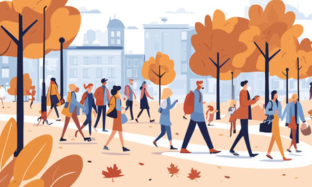 People walking in autumn park vector illustration. Cartoon people walking on city street in fall seasonのイラスト素材