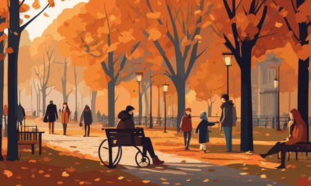 Autumn park with people walking in the park. Vector illustration.のイラスト素材