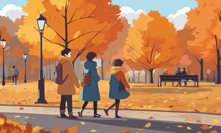People walking in the autumn park. Vector illustration in flat style.のイラスト素材