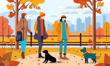 People walking in autumn park with dog. Vector illustration in flat styleのイラスト素材