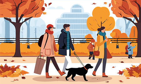 Autumn people walking with dog in city park. Happy family, mother, father and children spending time together in park. Flat vector illustrationのイラスト素材