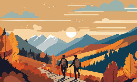 Hiking in the mountains. Hiking in the mountains. Vector illustrationのイラスト素材