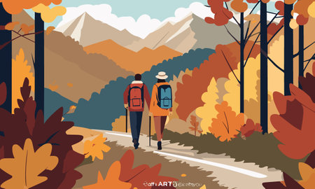Vector illustration of a couple walking in the autumn forest. The guy and the girl are walking along the road.のイラスト素材