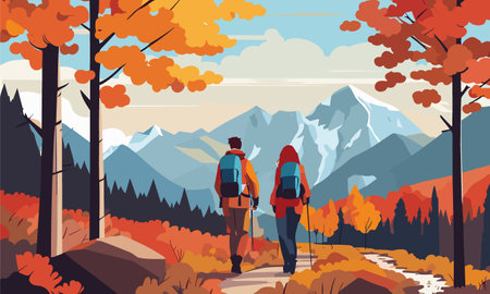 Hiking couple with backpacks and trekking poles on background of mountains. Vector illustrationのイラスト素材