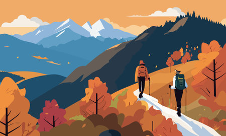 Hiking in the mountains vector illustration. Hikers with backpacks and trekking poles walking on the trail.のイラスト素材