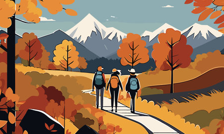 People walking in the autumn forest with colorful trees and mountains. Vector illustrationのイラスト素材