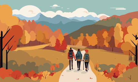 Autumn landscape with trees, mountains and people. Vector illustration in flat styleのイラスト素材