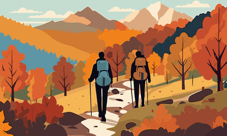 Hikers in the autumn forest. Vector illustration in flat style.のイラスト素材