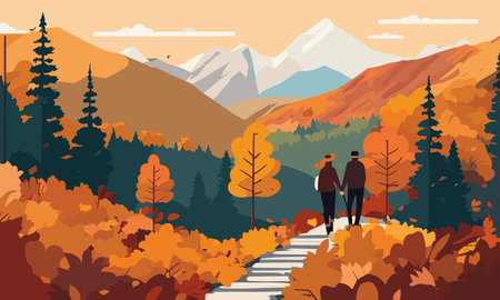 Vector illustration of people walking in the autumn forest. Flat style.のイラスト素材