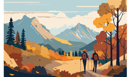Hiking in the autumn forest. Mountain landscape. Vector illustration.のイラスト素材