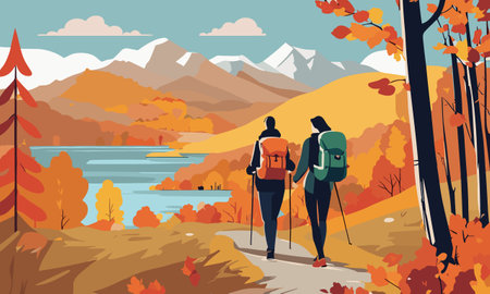 Hikers in the autumn mountains. Vector illustration in flat style.のイラスト素材