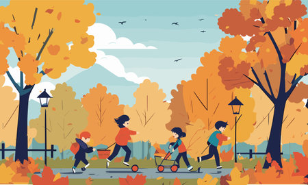 People walking in the autumn park. Flat design. Vector illustration.のイラスト素材