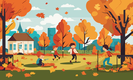 Children playing in the autumn park. Vector illustration in flat style.のイラスト素材
