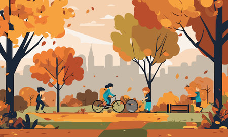 Autumn city park with people walking and cycling. Vector illustration in flat styleのイラスト素材