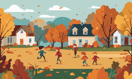 Autumn background with people walking in the park. Vector illustration.のイラスト素材
