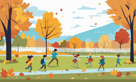 Children playing in the autumn park. Vector illustration in flat style.のイラスト素材