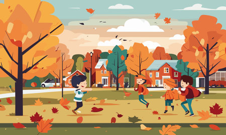Autumn park with people running and playing in the park. Vector illustrationのイラスト素材