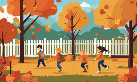 Children playing in the autumn park. Boys and girls walking in the park. Vector illustrationのイラスト素材