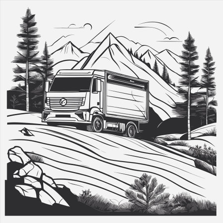 Truck in the mountains. Black and white vector illustration for your designのイラスト素材