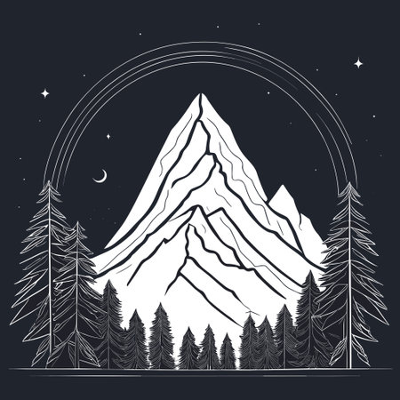 Mountains in the forest. Hand drawn vector illustration on a dark background.のイラスト素材