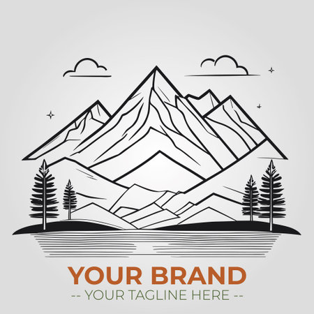 Mountains and forest line art vector illustration. Design element for logo, label, emblem, sign.のイラスト素材