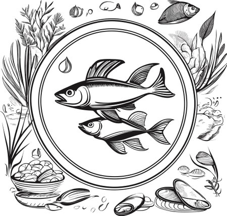 Vector illustration of a set of fish and seafood in a round frameのイラスト素材