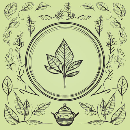 Tea leaves and teapot set. Hand drawn vector illustration.のイラスト素材