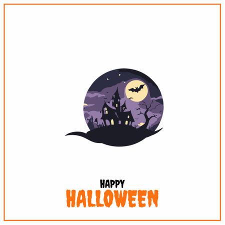Happy Halloween card with spooky castle, bats and moon. Vector illustration.のイラスト素材