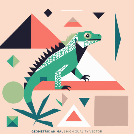 Vector illustration of a green iguana on a background of geometric shapesのイラスト素材