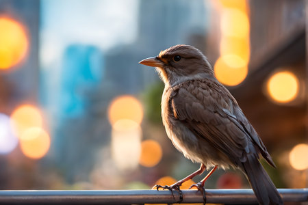 Close up of a bird sitting on a fence in the city.の素材