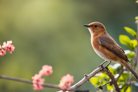 closeup of a robin bird on a branch with flowers in the backgroundの素材