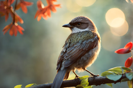 Portrait of a small bird on a branch in the autumn forestの素材