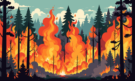 Forest fire in flat style. Fire in the forest. Vector illustrationのイラスト素材