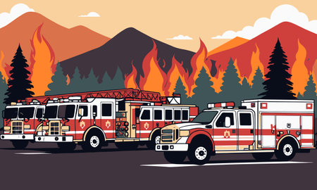 Vector illustration of a fire engine on the background of forest and mountains