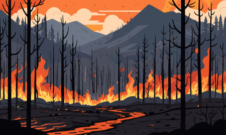 Burning forest at sunset. Natural disaster. Vector illustration in flat styleのイラスト素材