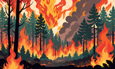 Forest fire. Fire in the forest. Vector illustration in flat styleのイラスト素材