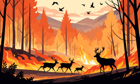 Forest landscape with wild elk and forest fire. Cartoon vector illustrationのイラスト素材